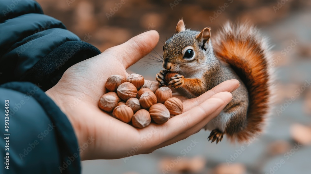 Naklejka premium A friendly squirrel munches on hazelnuts offered by someone wearing blue Converse shoes in a vibrant city park filled with colorful autumn leaves around noon