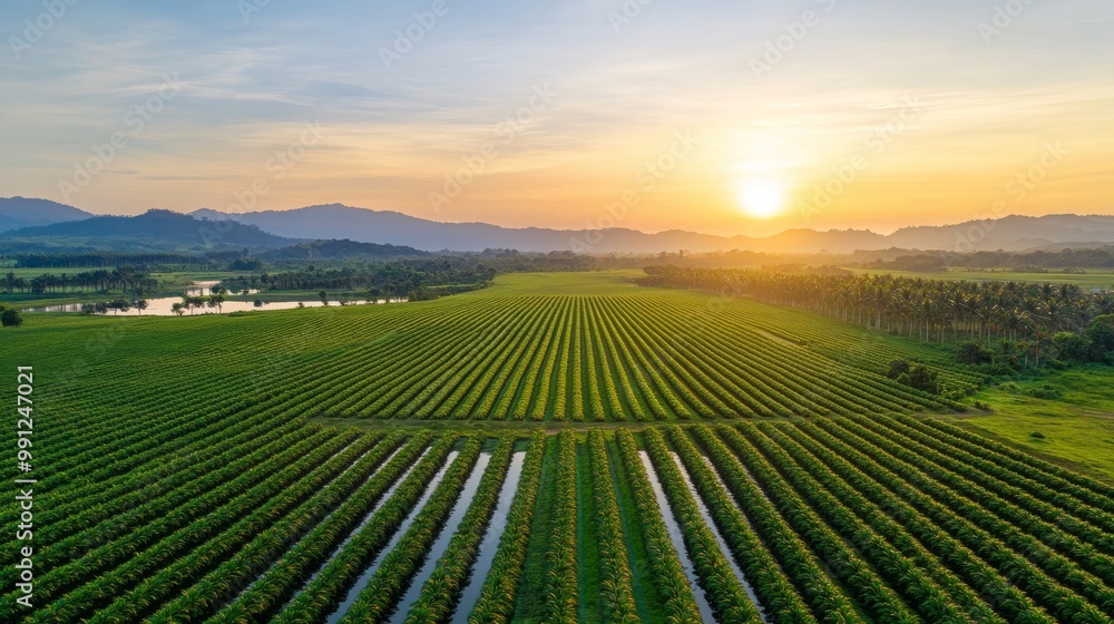 Aerial View of Palm Oil Plantation at Sunset Aerial View of Palm Oil Plantation at Sunset