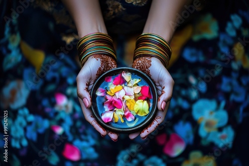 Woman holding a bowl of flower petals in water, traditional Balinese ceremony