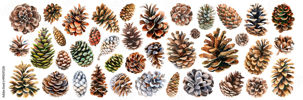 Set of isolated cute pinecones in vivid hand painted watercolor painting on a transparent background for ornamental Christmas and New Year celebration party decoration elements. Set of isolated cute pinecones in vivid hand painted watercolor painting on a transparent background for ornamental Christmas and New Year celebration party decoration elements.