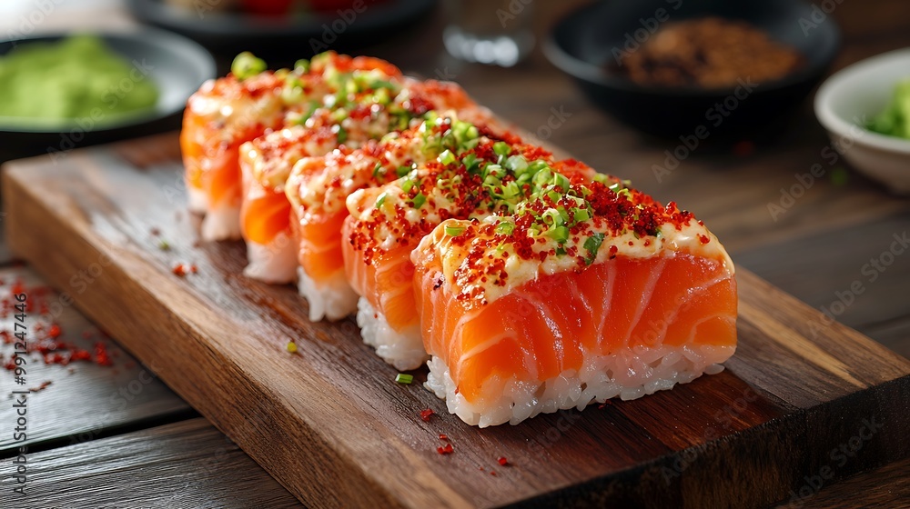 Closeup of salmon sushi rolls with spicy sauce and green onions on a wooden board. Closeup of salmon sushi rolls with spicy sauce and green onions on a wooden board.