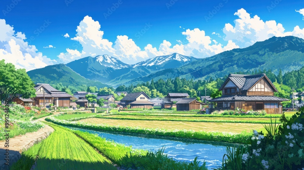 A picturesque Japanese countryside scene with rice fields, traditional farmhouses, and distant mountains under a bright sky. A picturesque Japanese countryside scene with rice fields, traditional farmhouses, and distant mountains under a bright sky.