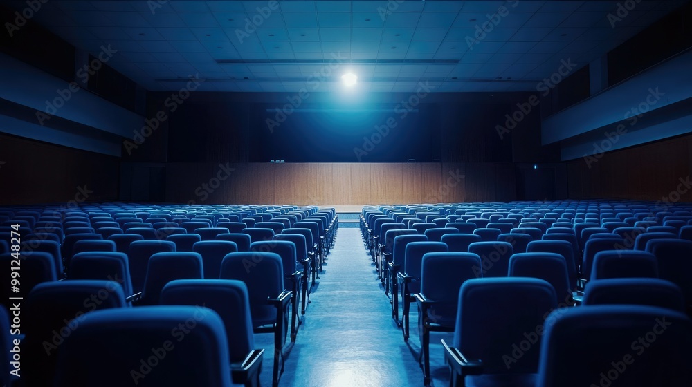 Wide-angle view of a deserted conference hall with blue chairs, spotlight shining on the stage. Wide-angle view of a deserted conference hall with blue chairs, spotlight shining on the stage.