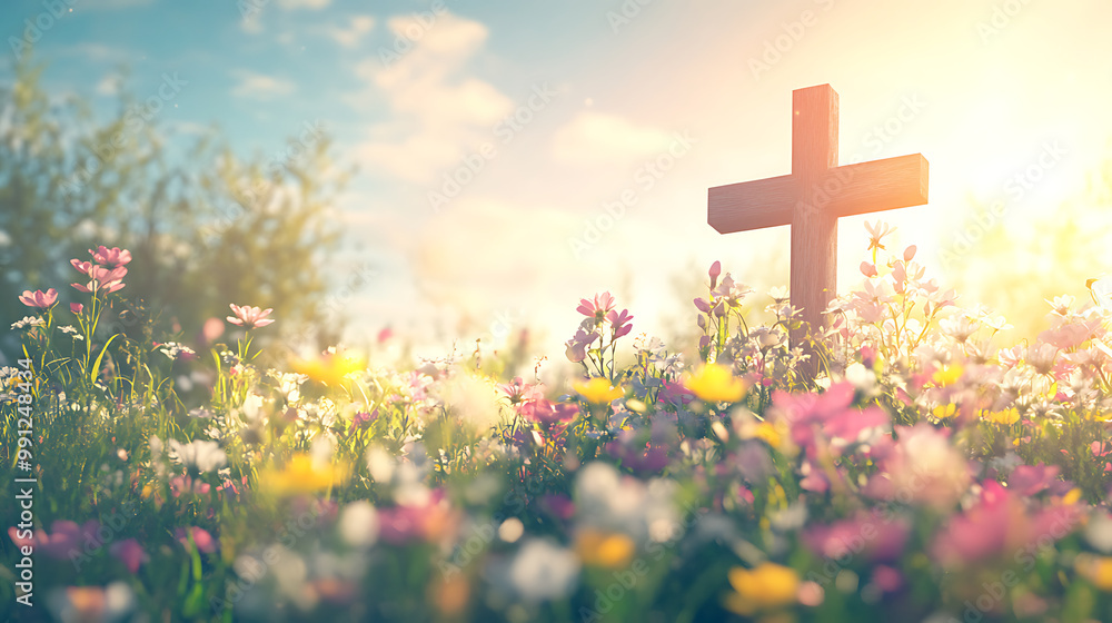 Easter background with a cross surrounded by a field of delicate wildflowers Easter background with a cross surrounded by a field of delicate wildflowers