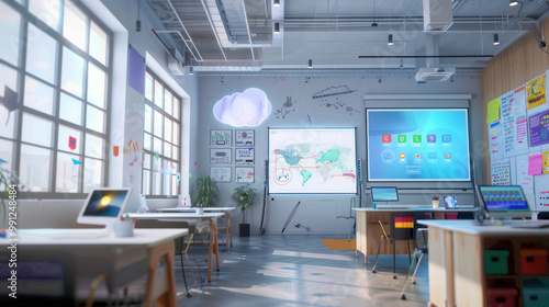 A future educational workspace featuring smart whiteboards, cloud-based curriculum management, and virtual reality tools for immersive learning experiences.