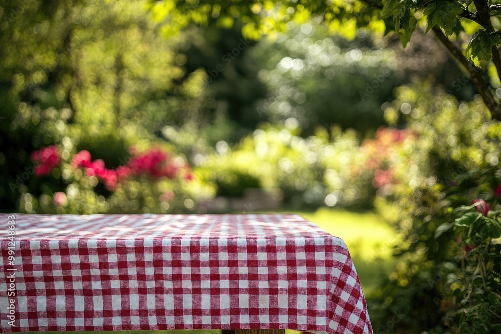 Red and white checkered tablecloth in nature. Perfect for showcasing products or food in a summer setting. Red and white checkered tablecloth in nature. Perfect for showcasing products or food in a summer setting.