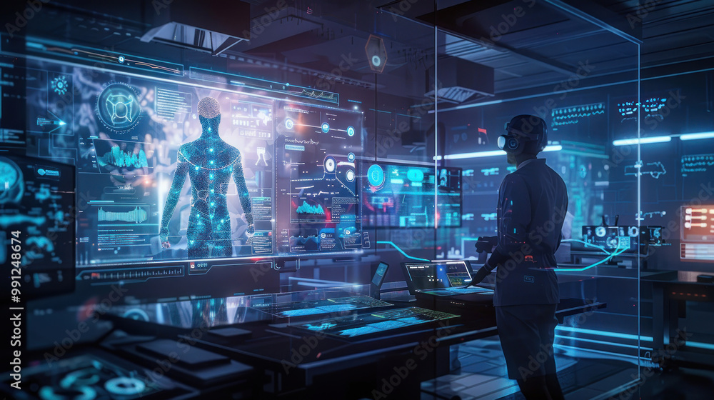 A future healthcare workplace with telemedicine hubs, AI-driven diagnostics tools, and smart systems for managing patient care remotely. A future healthcare workplace with telemedicine hubs, AI-driven diagnostics tools, and smart systems for managing patient care remotely.