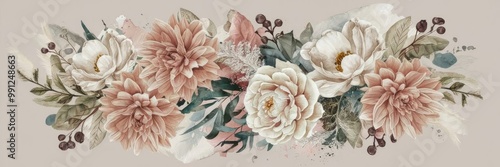 A beautiful, horizontal floral arrangement featuring a variety of soft-toned dahlias, roses, and greenery