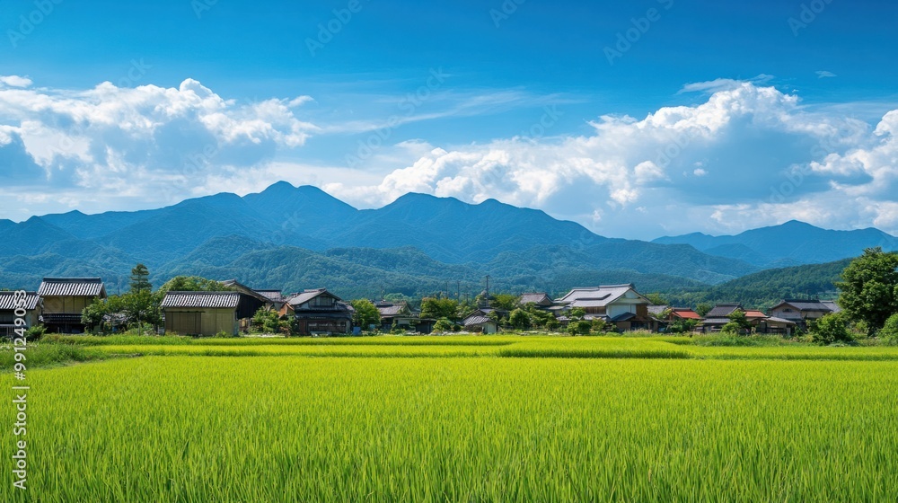 A picturesque Japanese countryside scene with rice fields, traditional farmhouses, and distant mountains under a bright sky. A picturesque Japanese countryside scene with rice fields, traditional farmhouses, and distant mountains under a bright sky.