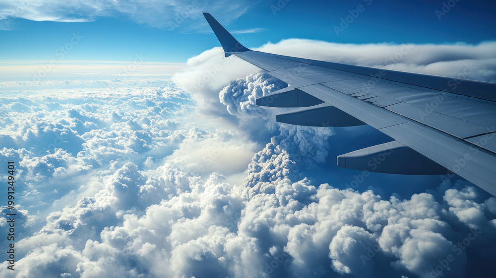 Obraz premium Aerial view of plane wing above fluffy clouds, showcasing vast sky and dramatic cloud formations. scene evokes sense of adventure and freedom while traveling