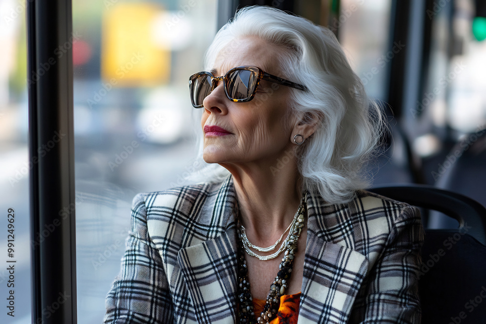 Stylish senior woman wearing sunglasses, gazing out of a bus window during a sunlit afternoon, reflecting on the cityscape Stylish senior woman wearing sunglasses, gazing out of a bus window during a sunlit afternoon, reflecting on the cityscape