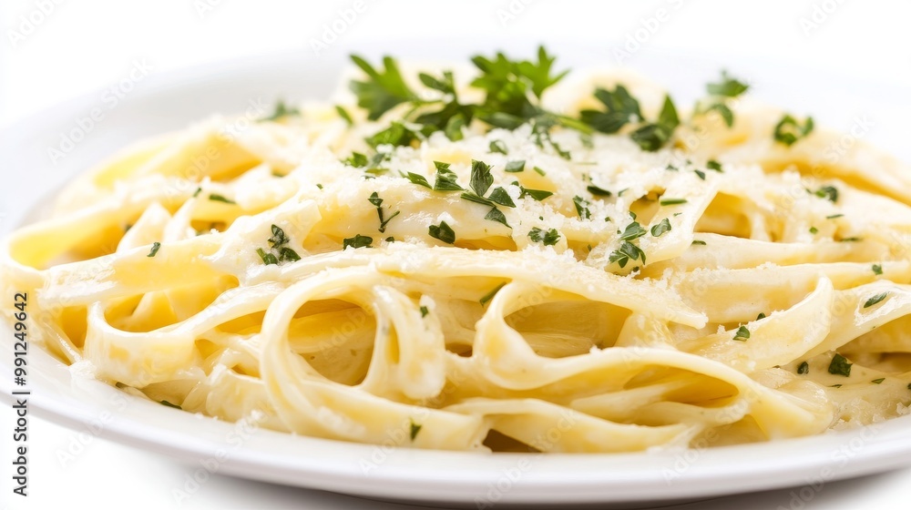 Creamy Alfredo fettuccine pasta topped with fresh herbs isolated Creamy Alfredo fettuccine pasta topped with fresh herbs isolated