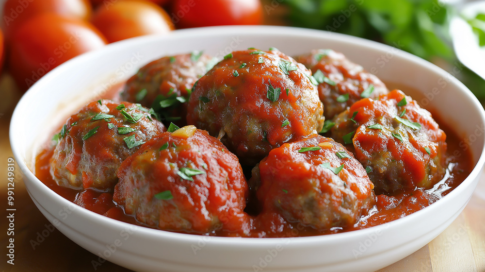 Delicious italian meatballs covered in red sauce and parsley Delicious italian meatballs covered in red sauce and parsley