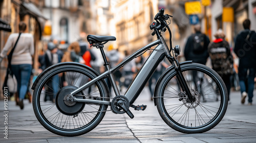 Modern electric bike parked on a city street with people walking in the background