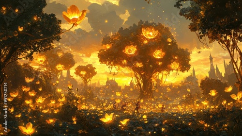 In an ethereal paradise during the 'hoa hoa hoa season,' glowing flowers bloom under a dusky sky