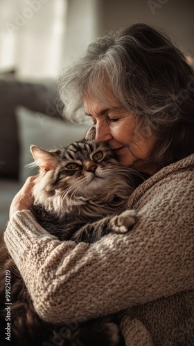Portrait of an elderly woman cuddling a fluffy cat in a living room