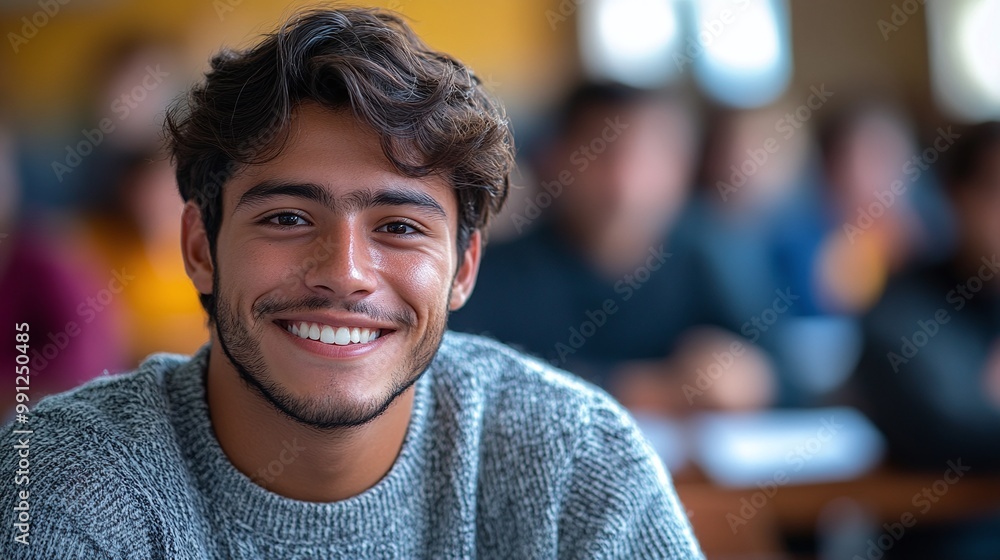 cheerful latino college student in a bright classroom environment showcasing academic focus and positivity as he prepares for future success cheerful latino college student in a bright classroom environment showcasing academic focus and positivity as he prepares for future success