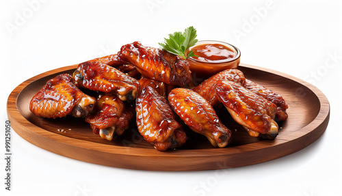 Delicious grilled chicken wings served on a wooden platter with sauce.