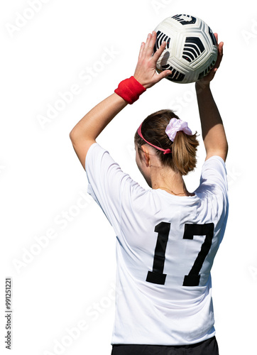 Isolated female soccer player preparing to throw a ball 