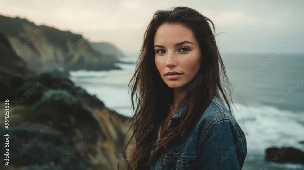 A woman stands near dramatic coastal cliffs, looking thoughtfully over the ocean waves. The overcast sky adds a moody atmosphere, highlighting the beauty of the rugged landscape surrounding her. A woman stands near dramatic coastal cliffs, looking thoughtfully over the ocean waves. The overcast sky adds a moody atmosphere, highlighting the beauty of the rugged landscape surrounding her.