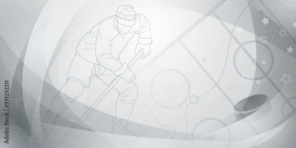 Hockey themed background in gray. Black and white illustration of a hockey player on the ice, holding a stick and preparing to shoot the puck. Hockey themed background in gray. Black and white illustration of a hockey player on the ice, holding a stick and preparing to shoot the puck.