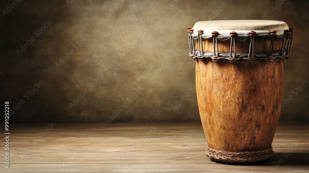 Fototapeta premium Wooden Drum on Rustic Wood Background