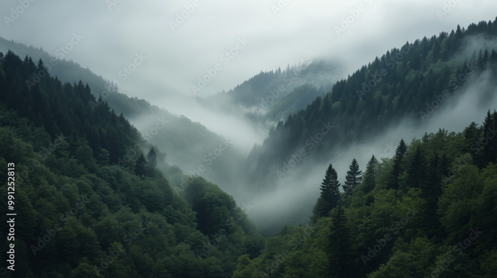A dense, misty forest nestled between two mountain ridges, with fog gently rolling through the lush green trees. A dense, misty forest nestled between two mountain ridges, with fog gently rolling through the lush green trees.