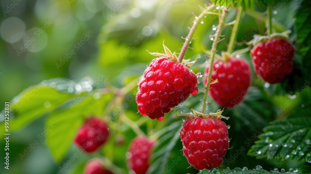 Closeup view of raspberry fruit on plant with leaf in plantation farm Closeup view of raspberry fruit on plant with leaf in plantation farm