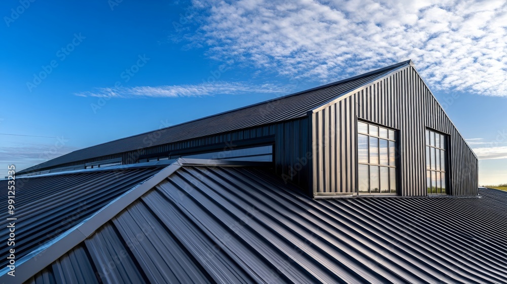 Fototapeta premium Modern Metal Roof with Blue Sky and Clouds