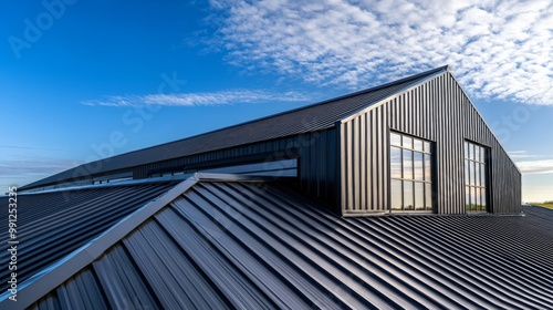 Modern Metal Roof with Blue Sky and Clouds