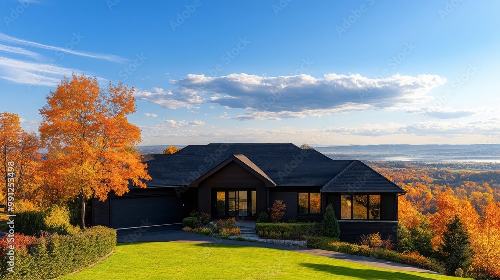 Modern House with Fall Foliage and Mountain View Modern House with Fall Foliage and Mountain View