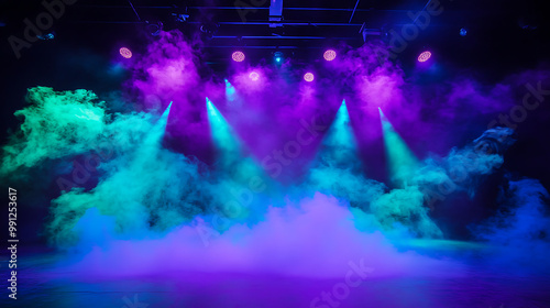 Stage with bright purple spotlight and swirling blue and green smoke, creating a colourful, scene