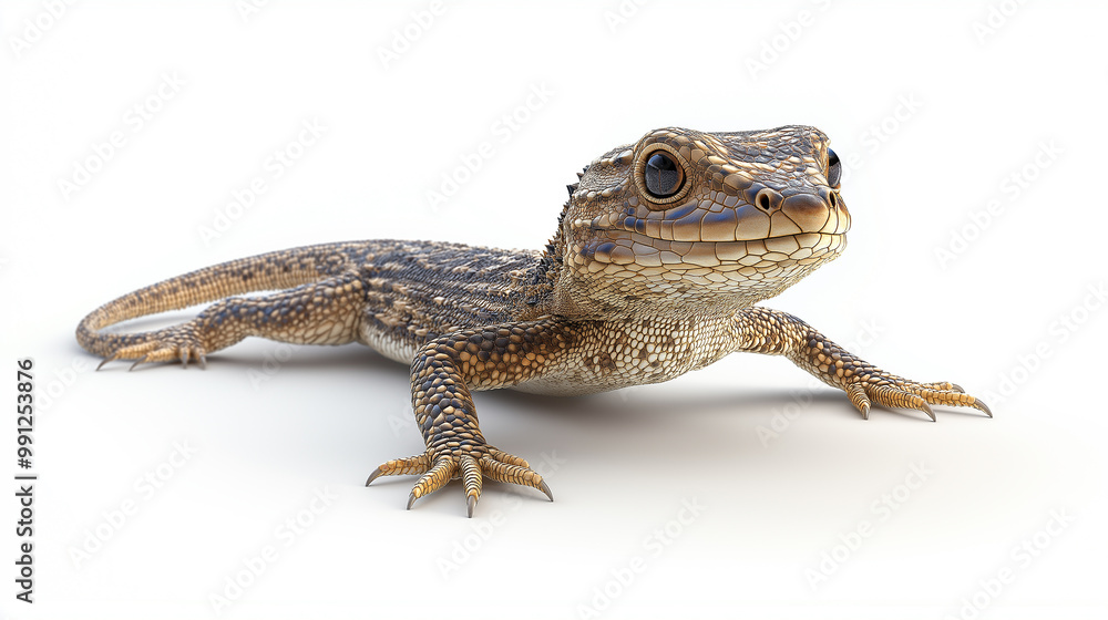 Fototapeta premium Curious shingle back lizard looking up on white background