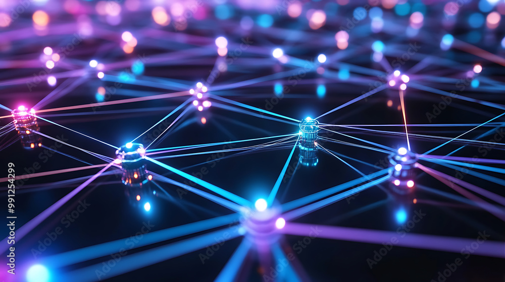 Fototapeta premium Virtual network of interconnected AI nodes glowing with blue and purple light