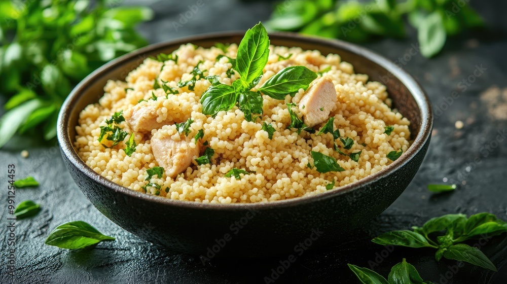 Couscous with chicken and herbs in a bowl. Perfect for illustrating a healthy and delicious meal, showcasing the flavors of Mediterranean cuisine. Couscous with chicken and herbs in a bowl. Perfect for illustrating a healthy and delicious meal, showcasing the flavors of Mediterranean cuisine.