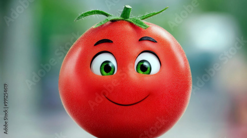 A happy tomato with green eyes and a big smile.