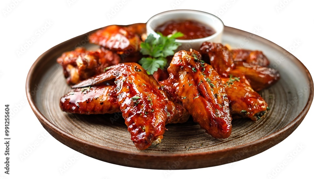 Savory barbecue chicken wings served with dipping sauce on a wooden plate. Savory barbecue chicken wings served with dipping sauce on a wooden plate.