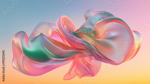 Abstract fluid shape flowing and forming holographic gradient on gradient background