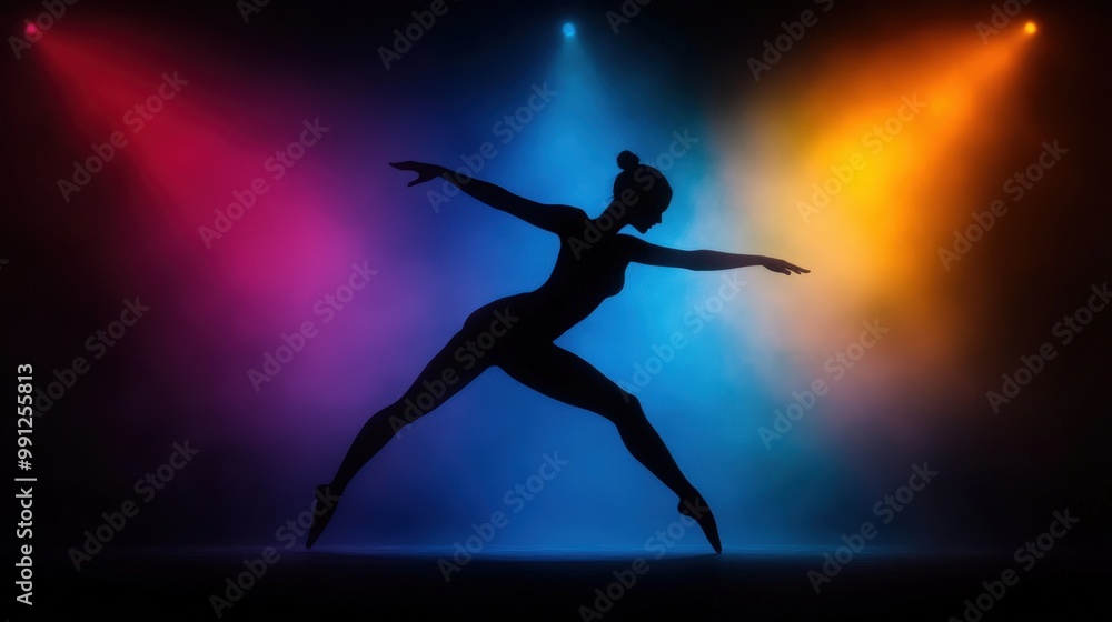 Naklejka premium Silhouette of Ballerina Dancer in Dramatic Stage Lighting