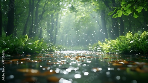 Sunbeams shining through the trees on a rainy day, with a stream flowing through the lush forest, showcasing the beauty of nature.