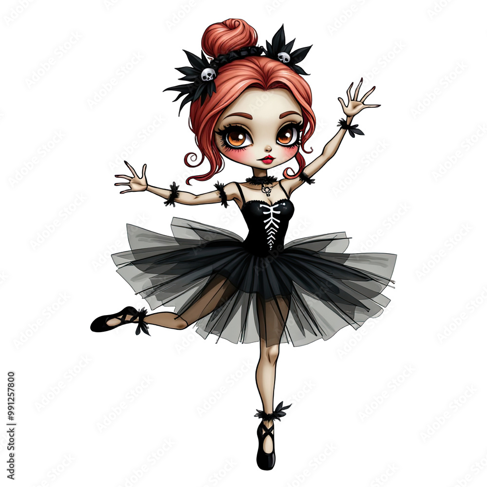 Gothic Ballerina with Black Tutu and Skulls in Dark Halloween-Themed Illustration Gothic Ballerina with Black Tutu and Skulls in Dark Halloween-Themed Illustration