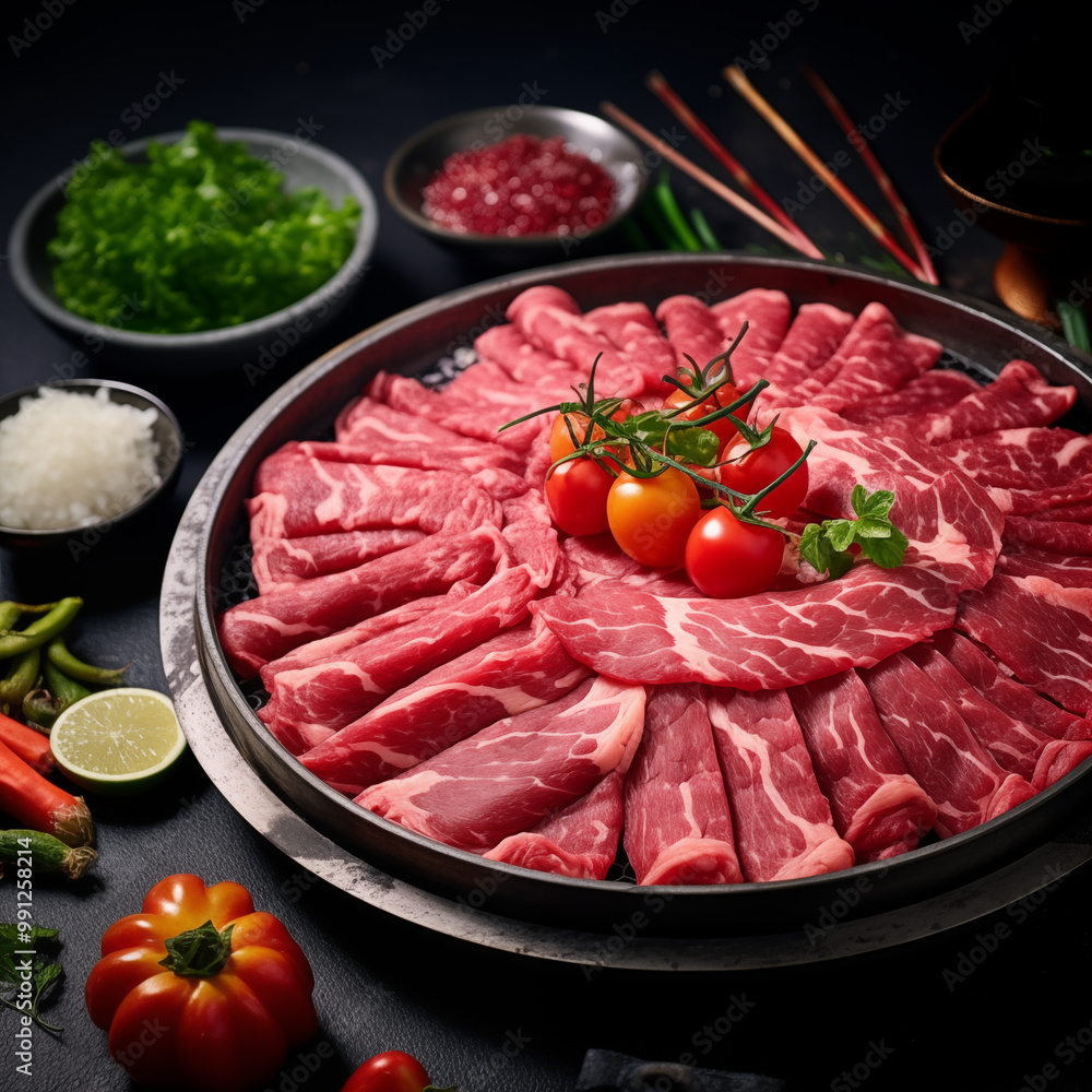 large platter of raw beef slices cut into rounded pieces arranged in an oval shape with some cherry tomatoes and lime leaves scattered around it large platter of raw beef slices cut into rounded pieces arranged in an oval shape with some cherry tomatoes and lime leaves scattered around it