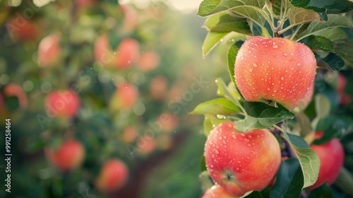 Ripe beautiful apple fruit on tree in plantation farm orchard