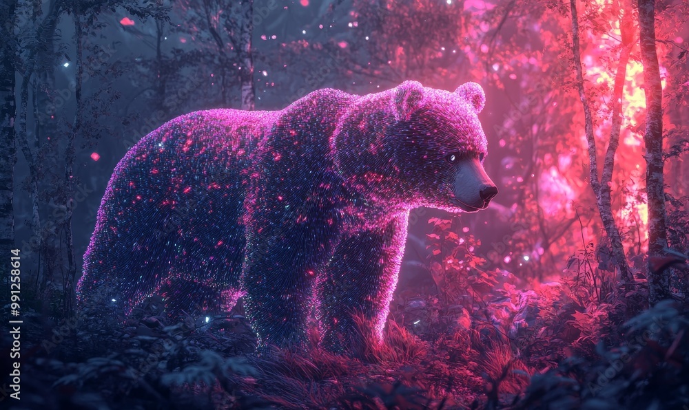 Obraz premium A glowing bear in a pink forest.