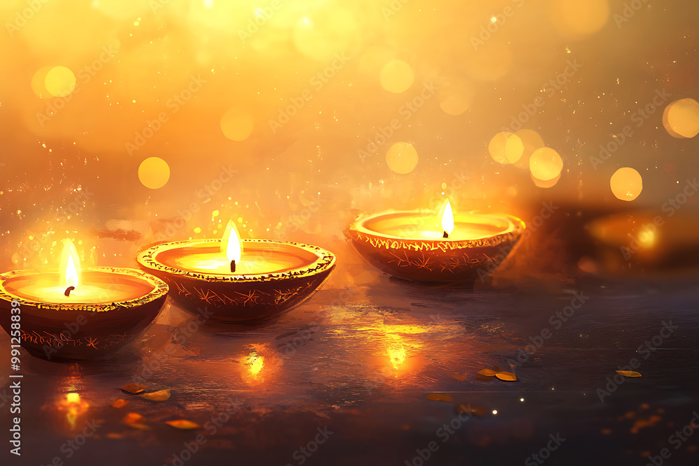 Peaceful Diwali background with soft, glowing Diya's and a warm golden light Peaceful Diwali background with soft, glowing Diya's and a warm golden light