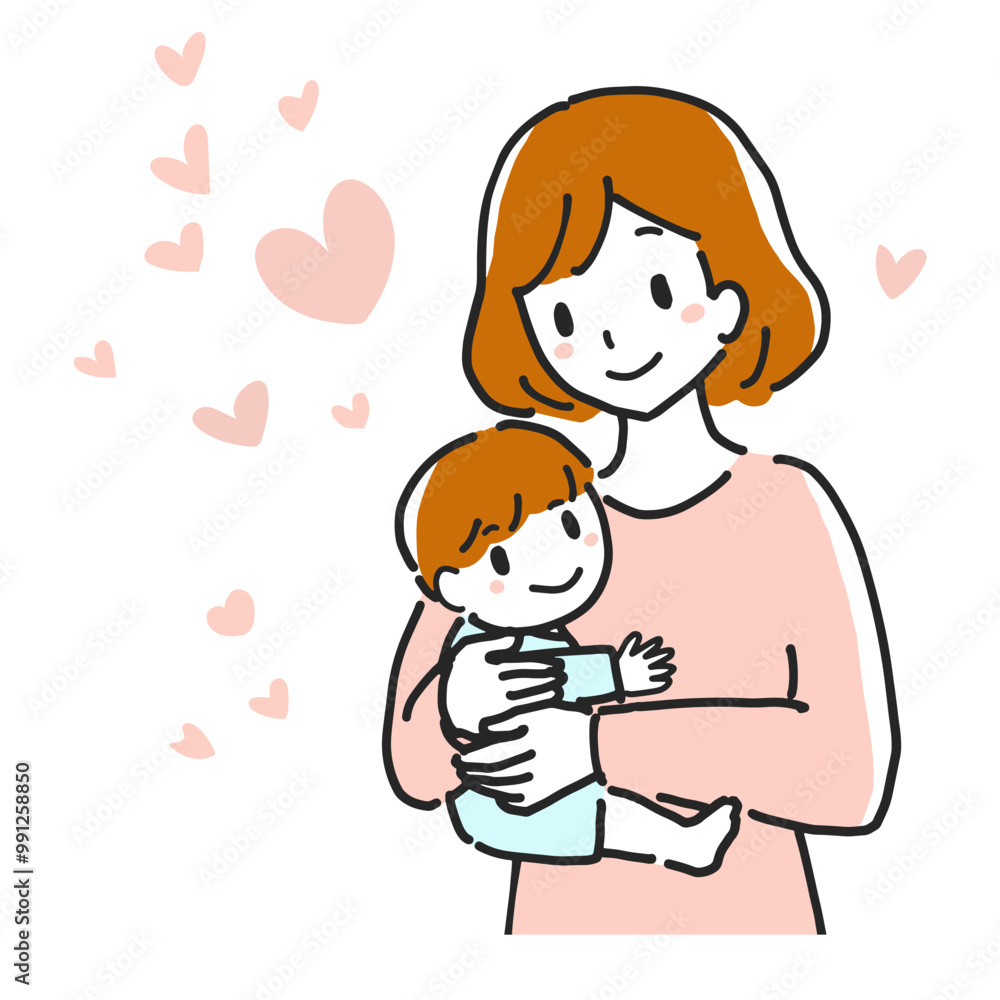 Line drawing illustration of a happy mother holding her infant with a smile. Line drawing illustration of a happy mother holding her infant with a smile.
