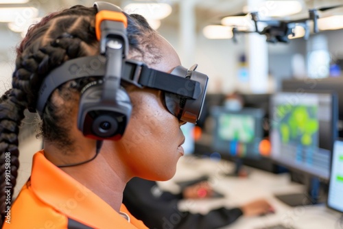 Woman Wearing VR Headset and Headphones Operating Drone in Modern Control Room