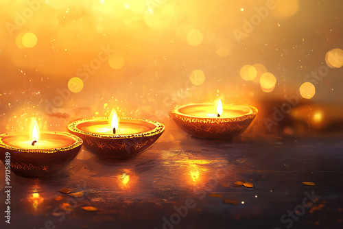 Peaceful Diwali background with soft, glowing Diya's and a warm golden light