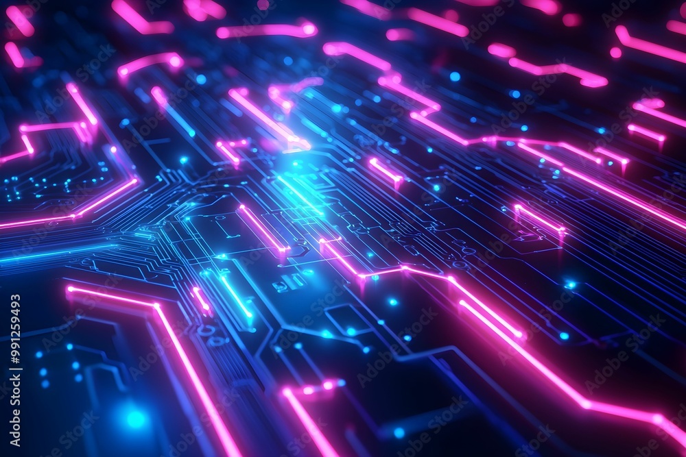 Neon circuit board design with glowing patterns and detailed circuitry Neon circuit board design with glowing patterns and detailed circuitry