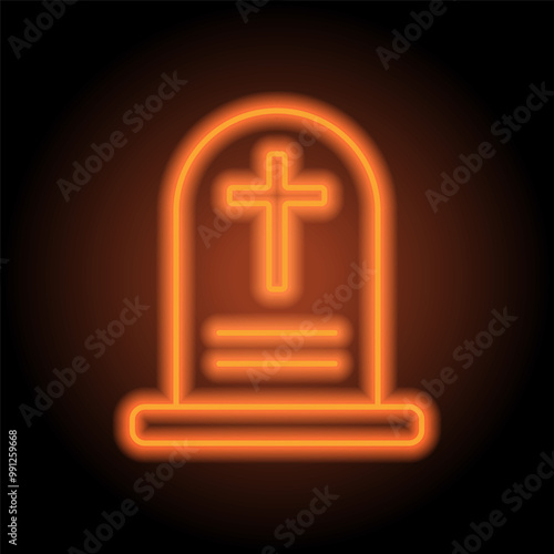 Tombstone simple icon vector. Flat design. Orange neon on black background